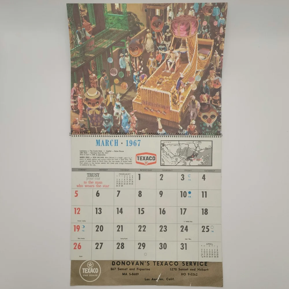 Vintage 1967 Calendar Donovan's Texaco Service Los Angeles CA Clean Interior